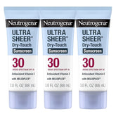 Neutrogena Ultra Sheer Dry-Touch Sunscreen for Face & Body, Helioplex SPF 30 Broad Spectrum UVA/UVB, Lightweight, Water Resistant & Non-Greasy, Hawaii Act 104 compliant, Travel Size 3 fl oz, Pack of 3