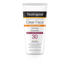Neutrogena Clear Face Sunscreen Lotion for Acne-Prone Skin, Broad Spectrum SPF 30 Facial Sunscreen for Oily Skin, Fragrance- & Oxybenzone-Free Water Resistant, 3 fl. oz
