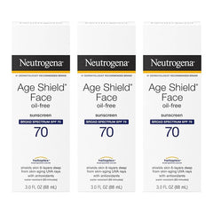 Neutrogena Age Shield Face Oil-Free Sunscreen Lotion with Broad Spectrum SPF 70, Non-Comedogenic Moisturizing Sunscreen to Help Prevent Signs of Aging, PABA-Free, 3 fl. oz (Pack of 3)