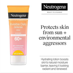 Neutrogena Invisible Daily Defense Sunscreen Lotion, Broad Spectrum SPF 60+, Oxybenzone-Free & Water-Resistant, Sun & Environmental Aggressor Protection, Antioxidant Complex, 3.0 fl. oz